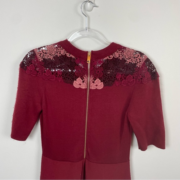 Burberry London Macrame Yoke 3/4 Sleeve Dress Carmine Red Size Large - Picture 13 of 14